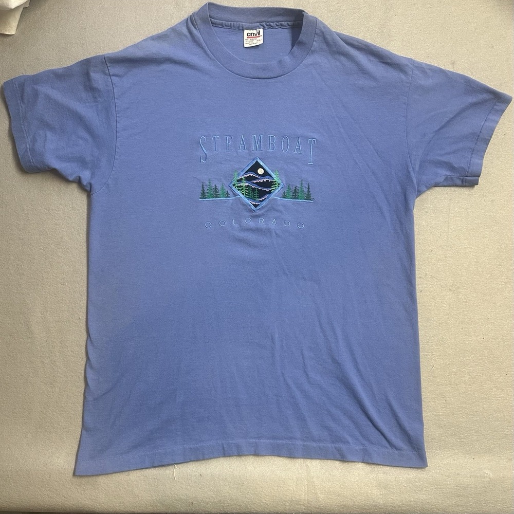 VTG 90's Anvil Steamboat Colorado Blue Embroidery Single Stitch Tee Unisex XL US
